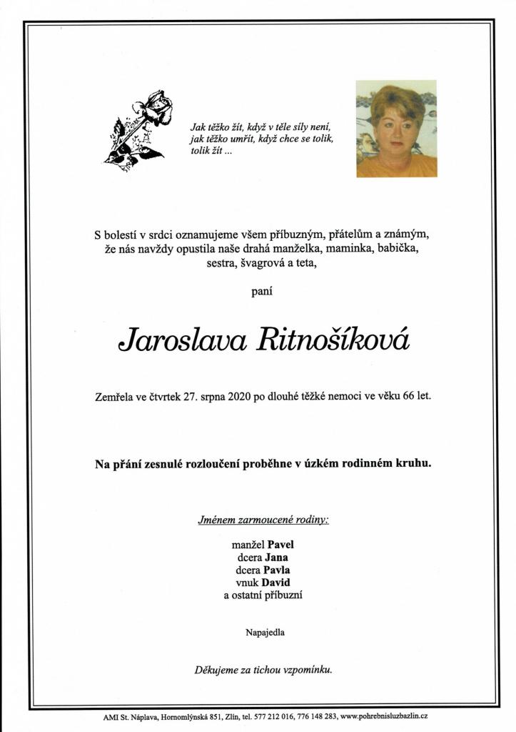 Smuteční oznámení-Jaroslava Ritnošíková