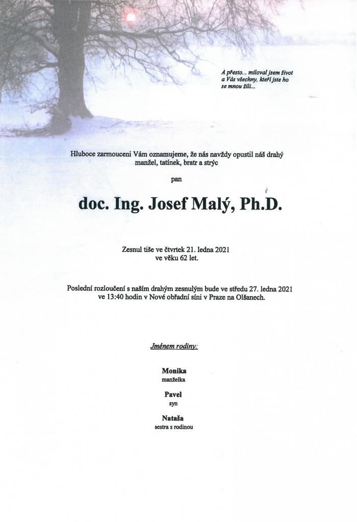 Smuteční oznámení - doc. Ing. Josef Malý, Ph.D.