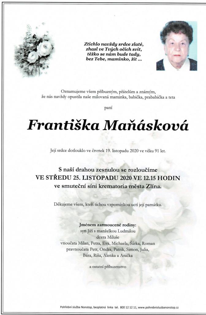 Smuteční oznámení - Františka Maňásková